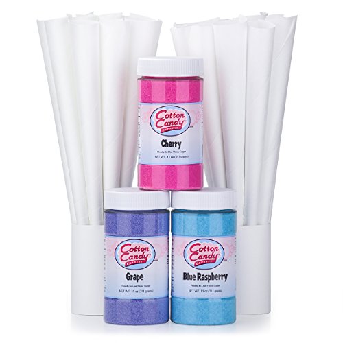 Product Cover Cotton Candy Express 3 Flavor Cotton Candy Sugar Pack with Cherry, Grape, Blue Raspberry, and 50 Paper Cones, 11-Ounce Jars