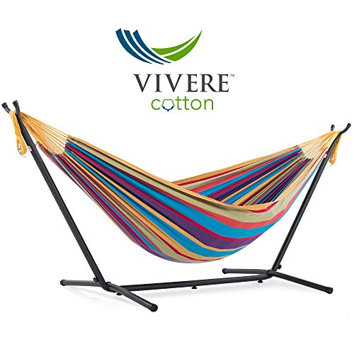 Product Cover Vivere Double Cotton Hammock with Space Saving Steel Stand, Tropical (450 lb Capacity - Premium Carry Bag Included)