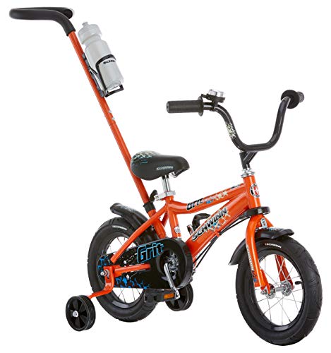 Product Cover Schwinn Grit Steerable Kids Bike, Featuring Push Handle for Easy Steering, Training Wheels, Enclosed Chainguard, Quick-Adjust Seat, and 12-Inch Wheels, Orange/Black