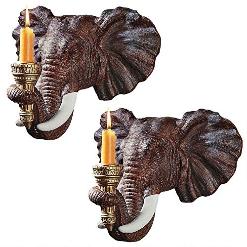 Product Cover Design Toscano Elephant African Decor Candle Holder Wall Sconce Sculpture, 12 Inch, Set of Two, Polyresin, Full Color