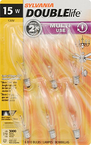 Product Cover SYLVANIA Home Lighting 15318 Incandescent Bulb, B10-15W, Double Life, Clear Finish, Candelabra Base, Pack of 6