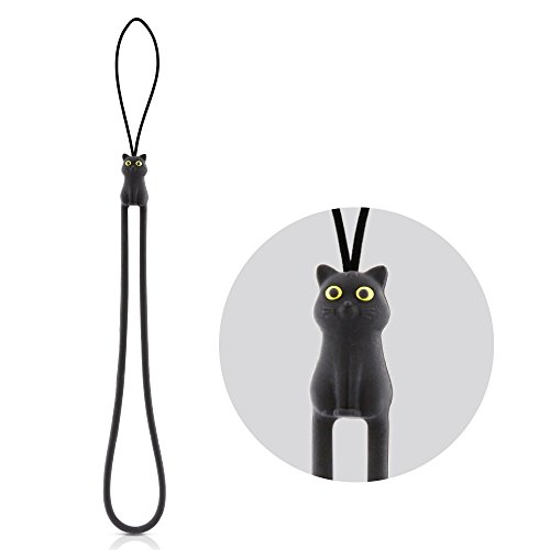 Product Cover Multi-Purpose Hand Wrist Strap with Cute Cartoon Phone Charm Elastic Silicone Lanyard Bracelet for Cell Phone iPhone Case ID Holder Name Badge Keys Keychain USB Flash Drive - Black Cat
