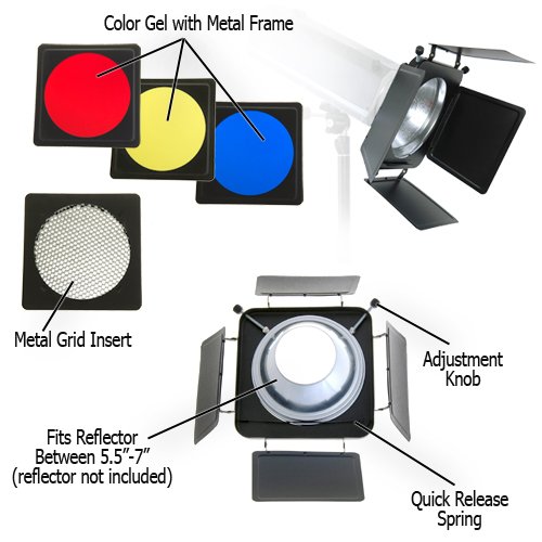 Product Cover Fotodiox Universal Barndoor Kit with Honeycomb grid (45 Degree) and Color Gels, for Bowens Gemini Standard, Classica Powerpack, R Series, Rx Series, and Pro Series Strobe Flash Light with 5.5