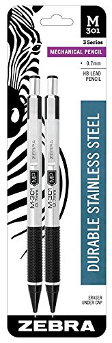 Product Cover Zebra M-301 Stainless Steel Mechanical Pencil, 0.7mm Point Size, Standard #2 HB Lead, Black Grip, 2-Count