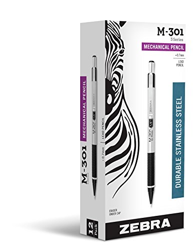 Product Cover Zebra M-301 Stainless Steel Mechanical Pencil, 0.7mm Point Size, Standard HB Lead, Black Grip, 12-Count