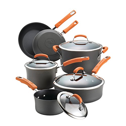 Product Cover Rachael Ray 87375 Brights Hard Anodized Nonstick Cookware Pots and Pans Set, 10 Piece, Gray with Orange Handles