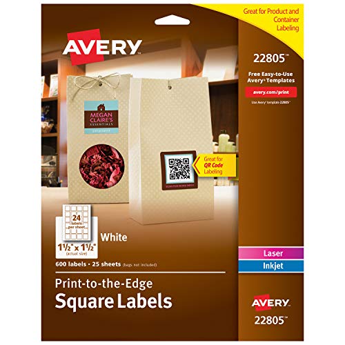 Product Cover Avery Permanent Square Label, White, Inkjet/Laser 1.5 x 1.5-Inches, Pack of 600, Use for QR Codes and Branding Your Packaging (22805)