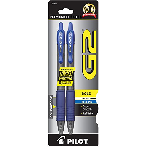 Product Cover Pilot G2 Retractable Premium Gel Ink Roller Ball Pens, Bold Point, 2-Pack, Blue Ink (31251)