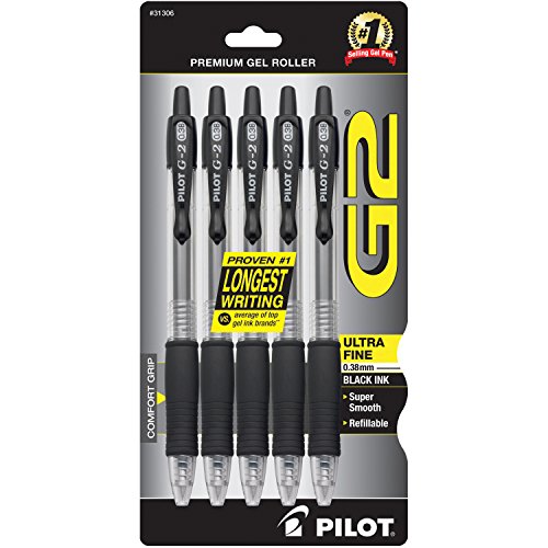 Product Cover PILOT G2 Premium Refillable & Retractable Rolling Ball Gel Pens, Ultra Fine Point, Black Ink, 5-Pack (31306)
