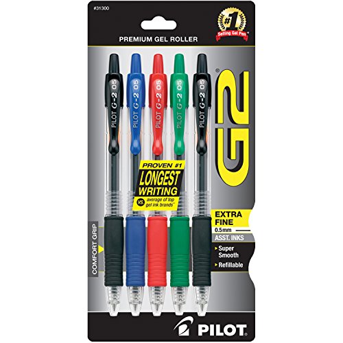 Product Cover Pilot G2 Retractable Premium Gel Ink Roller Ball Pens, Extra Fine Point, 5-Pack, Assorted Colors, Black/Blue/Red/Green Inks (31300)