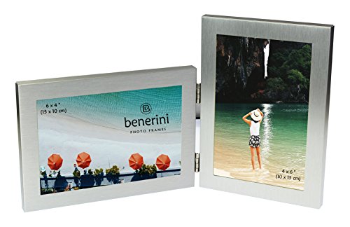 Product Cover benerini Brushed Aluminum Satin Silver Color Twin 2 Picture Double Folding Photo Frame Gift - Takes 2 Standard 6 x 4 inch Photographs (1 Landscape and 1 Portrait Style)