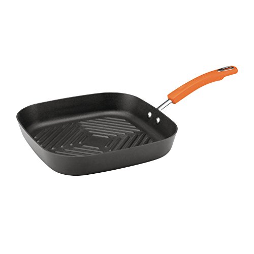 Product Cover Rachael Ray Hard-Anodized Nonstick 11-Inch Deep Square Grill Pan, Gray with Orange Handle