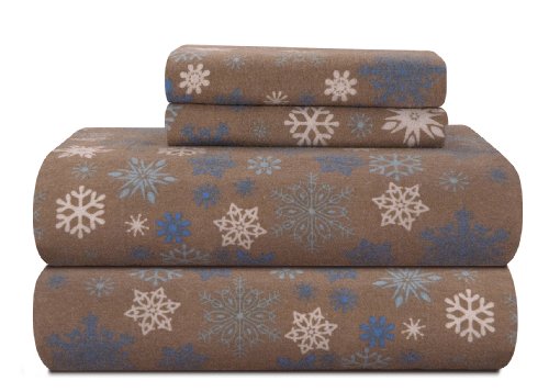 Product Cover Pointehaven Heavy Weight Printed Flannel Sheet Set, Cal King, Snow Flakes/Tan