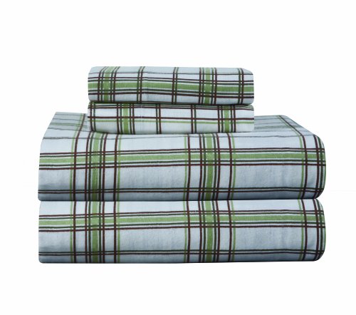 Product Cover Pointehaven Heavy Weight Printed Flannel Sheet Set, Cal King, Plaid/Sage