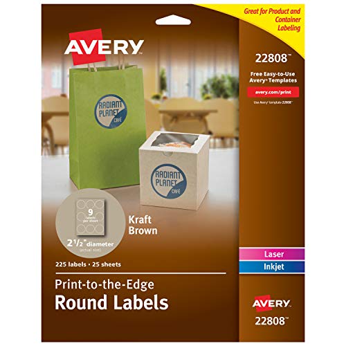 Product Cover Avery Permanent Print-to-The-Edge Round Labels, Laser/Inkjet, 2.5-Inch, Brown Kraft, Pack of 225 (22808)
