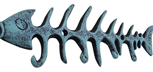 Product Cover Moby Dick Nautical Coastal Fish Bones Cast Iron Wall Hook Peg Decor Teal Black
