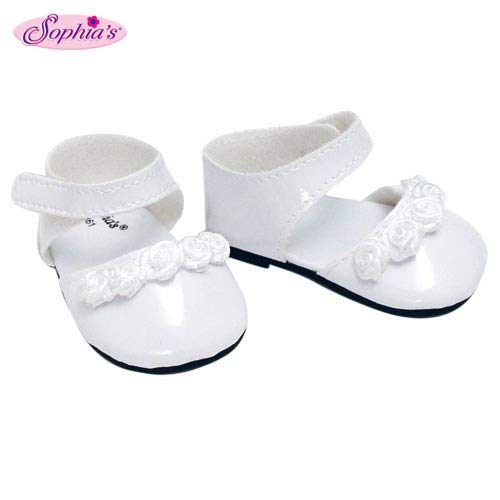 Product Cover 18 Inch Doll Dress Shoes fit for American Girl Dolls in White Patent Leather and Satin Rose Ribbon Trim, White Doll Dress Shoes