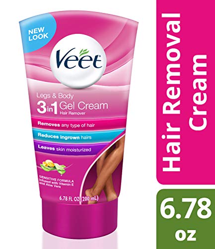 Product Cover Veet Legs & Body 3 in 1 Gel Cream Hair Remover 6.78 oz. Sensitive Skin Formula, Infused with Aloe Vera and Vitamin E. Reduces Ingrown Hair and Moisturizes Skin. Removes All Hair Types (Pack of 1)