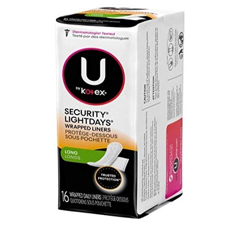 Product Cover U by Kotex Absorbent Pantiliners, Long, Individually Wrapped, Unscented,16 Count
