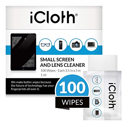 Product Cover iCloth Lens and Screen Cleaner Pro-Grade Individually Wrapped Wet Wipes, Wipes for Cleaning Small Electronic Devices Like Smartphones and Tablets, Box of 100