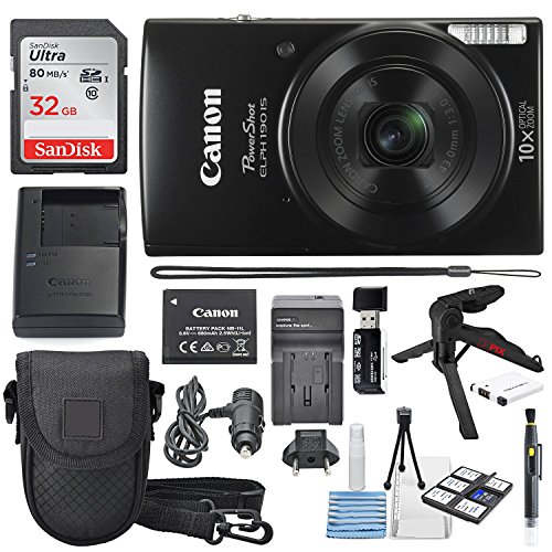Product Cover Canon PowerShot ELPH 190 IS Digital Camera (Black) with 10x Optical Zoom and Built-In Wi-Fi with 32GB SDHC + Flexible tripod + AC/DC Turbo Travel Charger + Replacement battery + Protective camera case