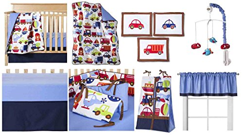 Product Cover Bacati - Transportation Multicolor 10 Piece Crib Set 10-Piece Nursery-in-a-Bag Crib Bedding Set with Bumper Pad, 100 Percent Cotton Percale Boys Crib Bedding Set with Bumper Pad for US Standard Cribs