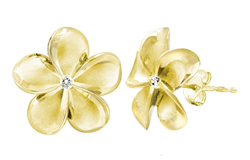 Product Cover 14k Yellow Gold Plated Stering Silver CZ Plumeria Stud Earrings, 14mm