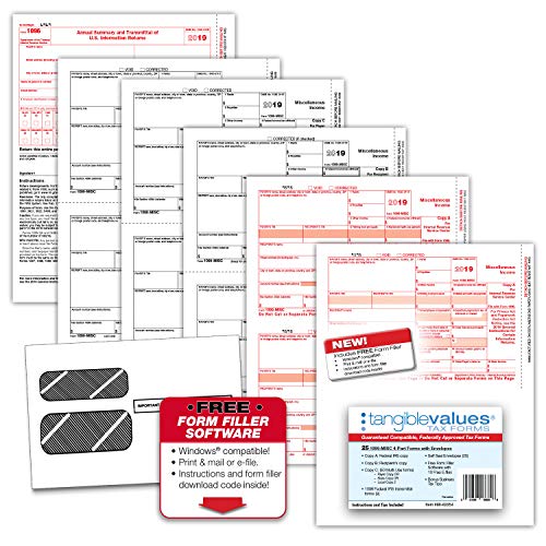 Product Cover 1099 Misc Tax Forms 2019 - Tangible Values 4-Part Kit with Envelopes - Software Download Included, 25 Pack