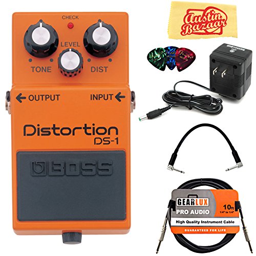 Product Cover Boss DS-1 Distortion Bundle with Power Supply, Instrument Cable, Patch Cable, Picks, and Austin Bazaar Polishing Cloth
