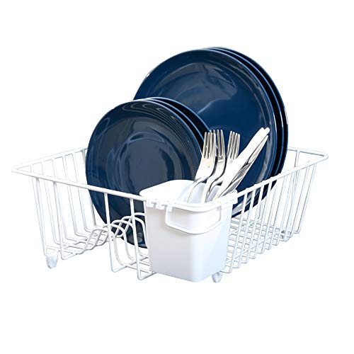Product Cover Smart Design Dish Drainer Rack w/Cutlery Cup & Plate Dividers - Steel Metal Frame - Dishes, Cups, Silverware Organization - Kitchen (White, Small - 14 x 5.5 Inch)