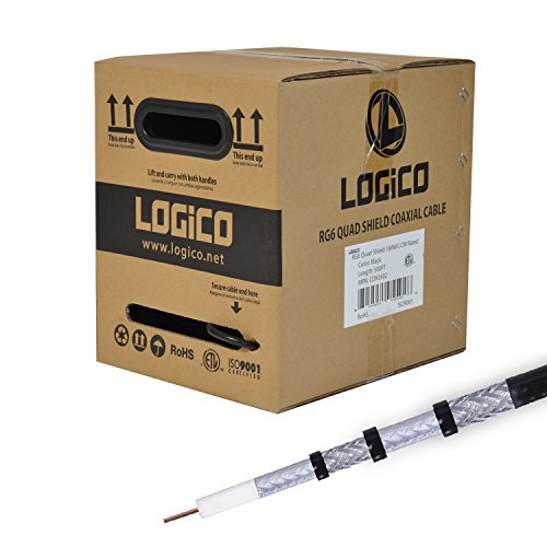 Product Cover LOGICO RG6 Quad Shield 18 AWG Satellite TV Black 500' Feet ft Coaxial Coax Cable Wire