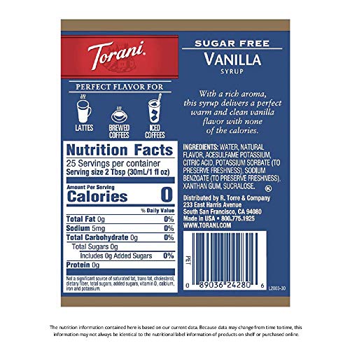 Product Cover Torani Sugar Free Syrup, Vanilla, 25.4 Ounces