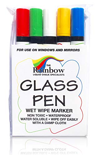 Product Cover Glass Pen Markers Red, Yellow, Blue, Green, White 5 Pack - Write on Windows, Mirrors, Signs, Storefronts. Non-Toxic, Remove with Damp Cloth