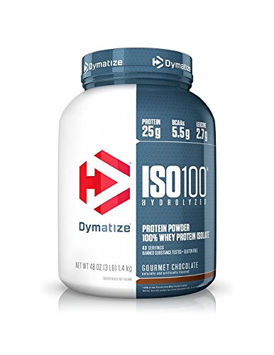 Product Cover Dymatize ISO100 Hydrolyzed Protein Powder, 100% Whey Isolate Protein, 25g of Protein, 5.5g BCAAs, Gluten Free, Fast Absorbing, Easy Digesting, Gourmet Chocolate, 3 Pound
