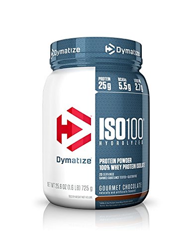 Product Cover Dymatize ISO100 Hydrolyzed Protein Powder, 100% Whey Isolate Protein, 25g of Protein, 5.5g BCAAs, Gluten Free, Fast Absorbing, Easy Digesting, Gourmet Chocolate, 1.6 Pound