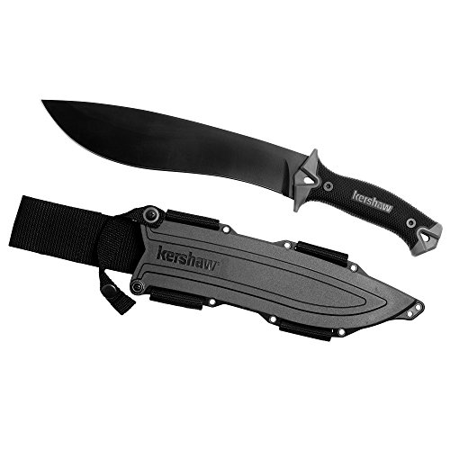 Product Cover Kershaw Camp 10 (1077), Fixed Blade Camp Knife, 10-inch 65Mn Carbon Tool Steel, Basic Black Powdercoat, Full Tang Handle With Rubber Overmold, Dual Lanyard Holds, Includes Molded Sheath, 1LB. 3OZ.