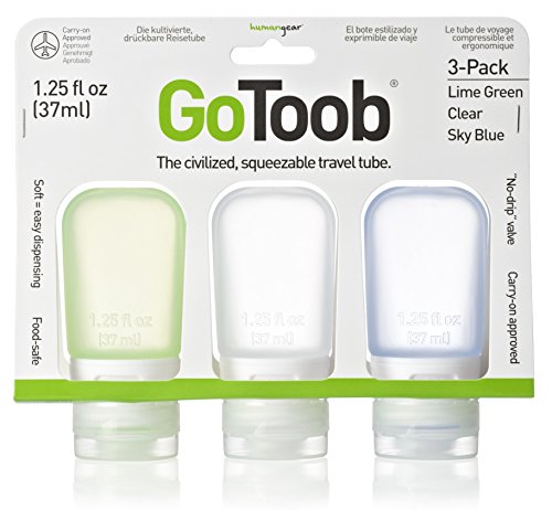 Product Cover HumanGear GoToob, 1.25-Ounce, Small, 3-Pack, Lime Green, Clear, Sky Blue, HG0181