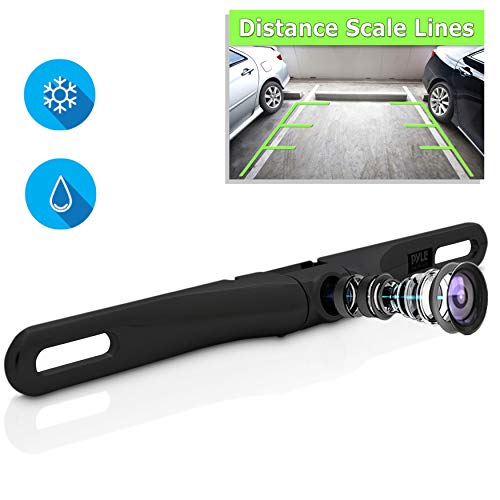 Product Cover License Plate Rear View Camera - Built-in Distance Scale Lines Backup Parking/Reverse Assist Waterproof Adjustable Slim Bar Cam w/ 420 TVL Resolution & RCA Output Zinc Black Chrome - Pyle PLCM18BC