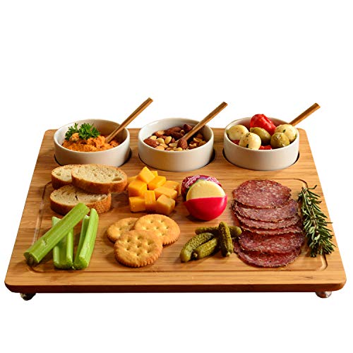 Product Cover Picnic at Ascot Bamboo Cheese Board/Charcuterie Platter - Includes 3 Ceramic Bowls with Bamboo Spoons - 13