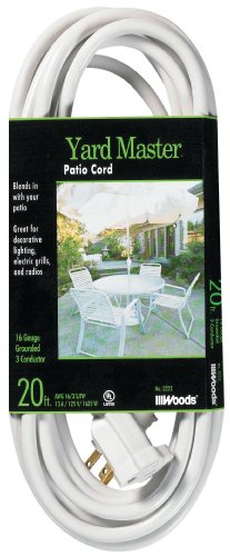 Product Cover Woods 992222 Outdoor Extension Cord, SJTW Rated Weatherproof, Durable and Flexible Jacket, Reinforced Blades, Prefect for Decorative Lighting, UL Listed, Medium Duty, 20-Foot, 13 Amp, White