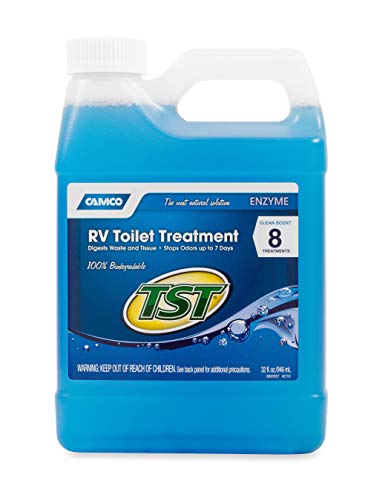Product Cover Camco TST Clean Scent RV Toilet Treatment, Formaldehyde Free, Breaks Down Waste And Tissue, Septic Tank Safe, Treats up to 8 - 40 Gallon Holding Tanks (32 Ounce Bottle) - 41502, TST Blue