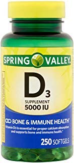 Product Cover Spring Valley Vitamin D3 Softgels, 5000 IU, 250 Count Bottle
