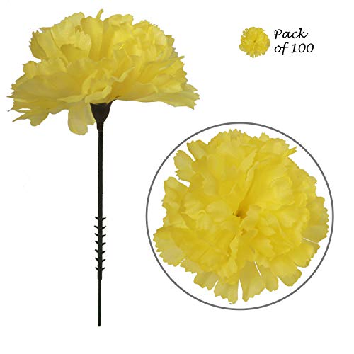 Product Cover Larksilk Yellow Silk Carnation Picks, Artificial Flowers for Weddings, Decorations, DIY Decor, 100 Count Bulk, 3.5