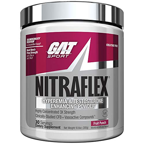 Product Cover GAT Sport, NITRAFLEX Testosterone Boosting Powder, Increases Blood Flow, Boosts Strength and Energy, Improves Exercise Performance, Creatine-Free (Fruit Punch, 30 Servings)