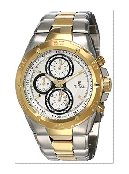 Product Cover Titan Men's Contemporary Chronograph, Multi Function,Work Wear,Gold, Silver Metal, Leather Strap, Mineral Crystal, Quartz, Analog, Water Resistant Wrist Watch