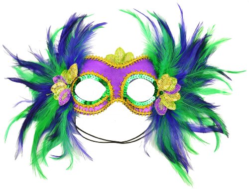Product Cover Mask It 48035 Mardi Gras Satin and Feather Half Mask, Purple