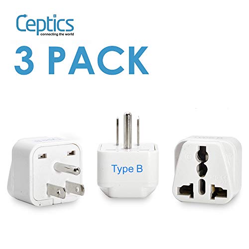 Product Cover Ceptics USA, Canada Universal Travel Plug Adapter (Type B) -Convert Europe, UK, India, Australia to American Socket - Round to Flat Pin - 3 Pack (GP-5-3PK)