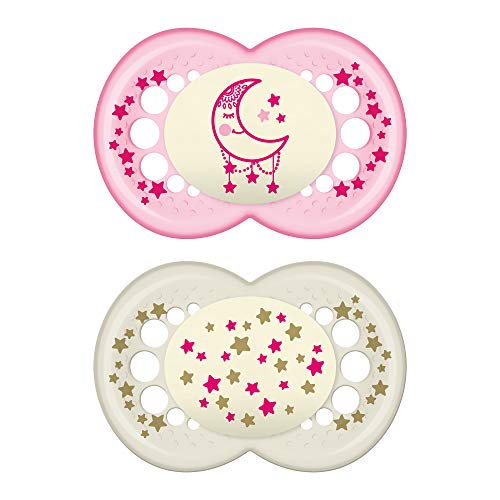 Product Cover MAM Night Pacifiers (2 Count), MAM Pacifiers 6+ Months, Best Pacifier for Breastfed Babies, Glow in the Dark Pacifier, Pink and White