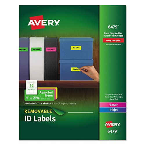 Product Cover Avery Multipurpose Labels, Removable, Assorted Neon, 1 x 2.625 Inches, Pack of 360 (6479)