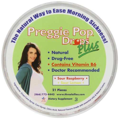 Product Cover Three Lollies Preggie Pop Drops Plus with Vitamin B6 for Morning Sickness Relief,Sour Raspberry and Sour Lemon, 21 count